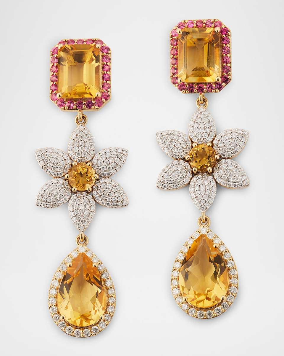 14K Yellow Gold Diamond, Citrine and Pink Spinel Daisy Drop Earrings